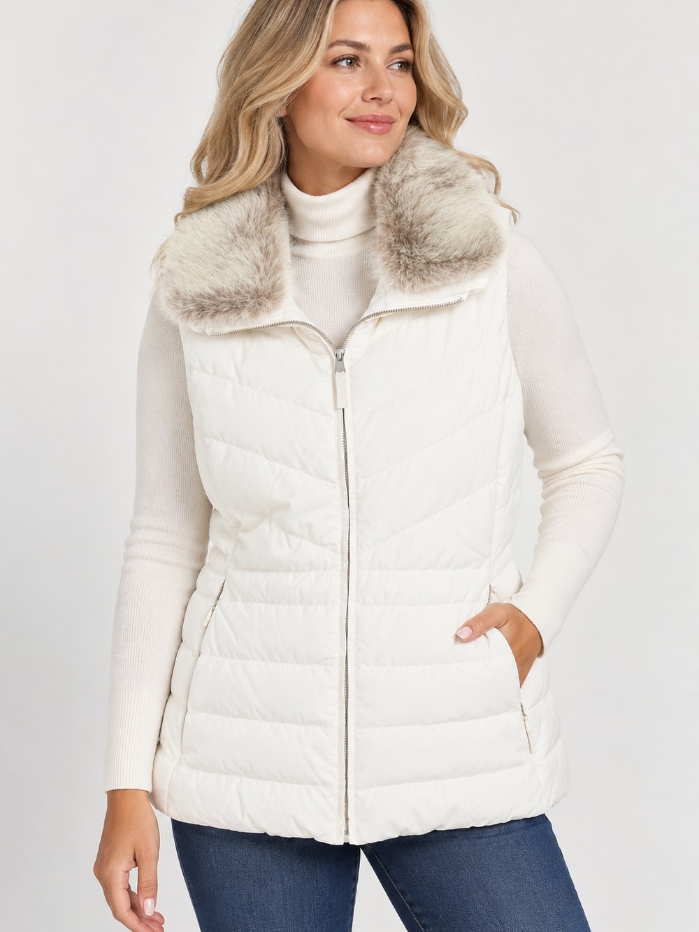 Talbots Women’s L Down Puffer Vest Faux Fur Collar White Ivory Quilted